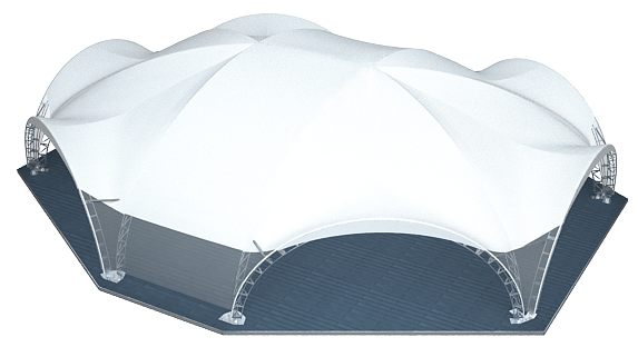 Арочный шатер ARCH HEXA LONG RT360/10/5X1 с размерами 22,45x20 м. вмещает до 180 чел.