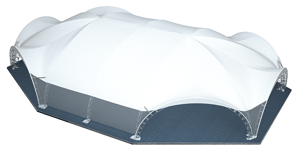Арочный шатер ARCH HEXA LONG RT460/10/5X2 с размерами 27x20 м. вмещает до 230 чел.
