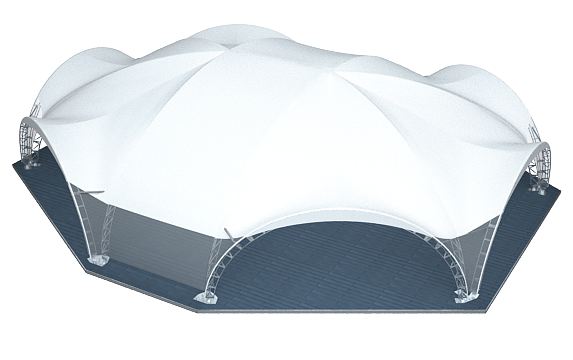 Арочный шатер ARCH HEXA LONG RT241/8/4X1 с размерами 18,7x15,6 м. вмещает до 120 чел.