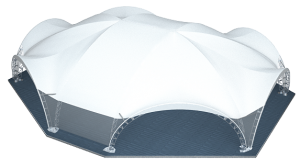 Арочный шатер ARCH EXTRA 76mm HEXA LONG RT360/10/5X1 с размерами 22,45x20 м. вмещает до 180 чел.