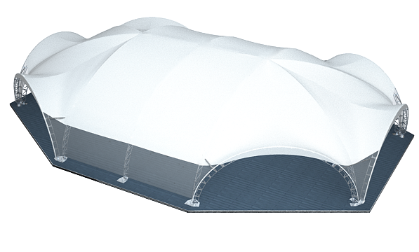 Арочный шатер ARCH HEXA LONG RT290/8/4X2 с размерами 21,8x15,6 м. вмещает до 143 чел.