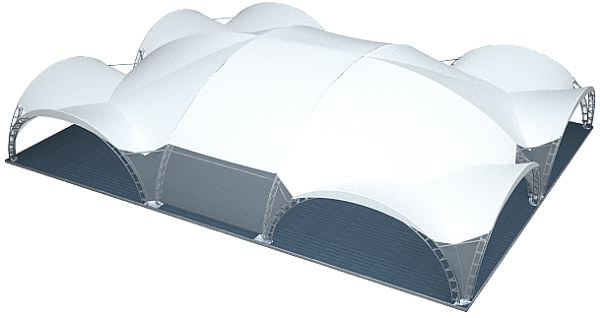 Арочный шатер ARCH SQUARE LONG RT320/8/4X1 с размерами 20x16 м. вмещает до 160 чел.