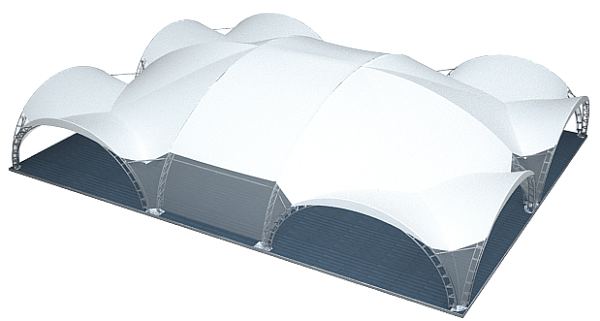 Арочный шатер ARCH SQUARE LONG RT500/10/5X1 с размерами 25x20 м. вмещает до 250 чел.