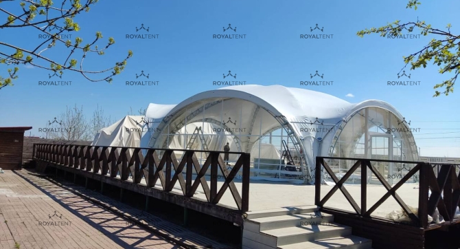 Изготовление 260м2 шатров серии ARCH для базы отдыха Мандала в пос. Кисегач